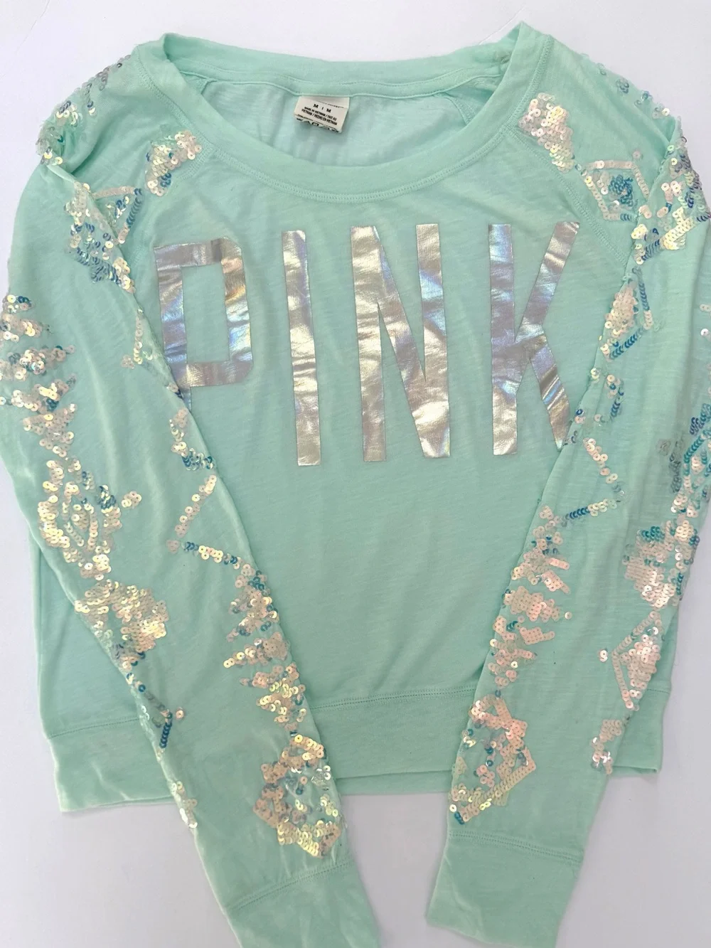 PINK Victoria's Secret Mint Sequin Long Sleeve Tee.